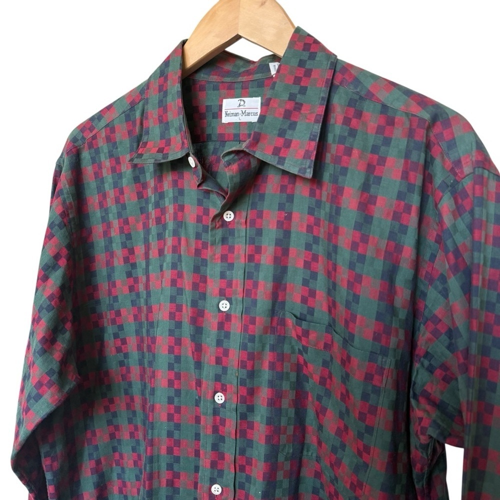 VTG! 80’s Neiman Marcus Men's Plaid Red & Green Button-Up Shirt Size L Holiday
